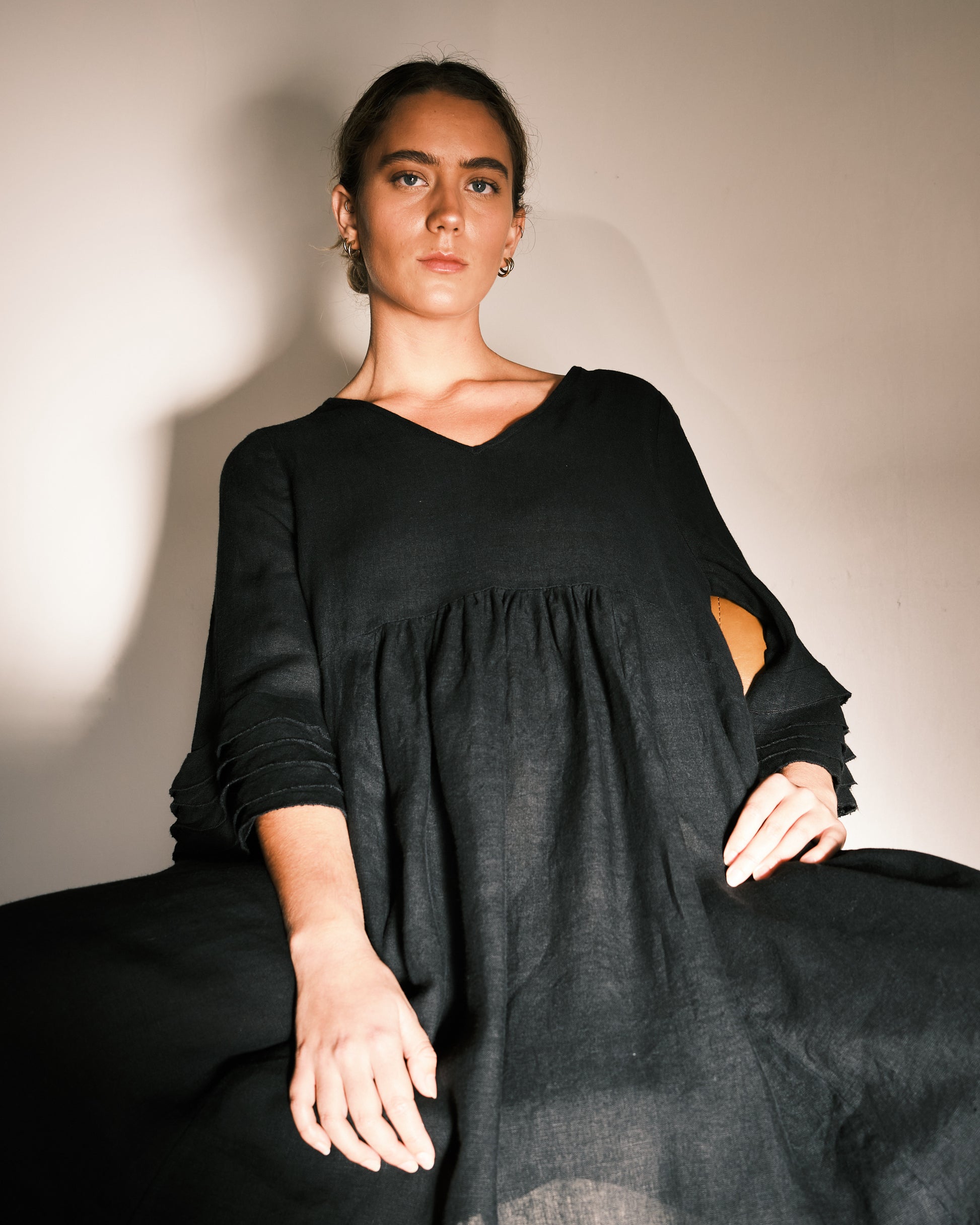 black summer dress- linen - cotton - women- made in nz